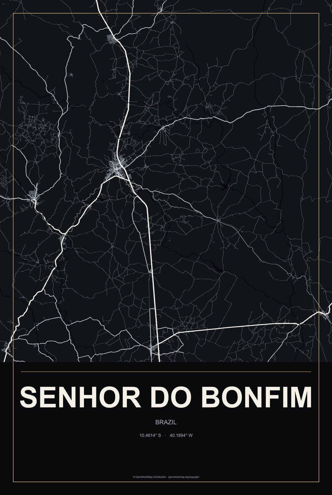 Senhor do Bonfim, Brazil City Map Aluminum Sign in Metropolitan Noir style