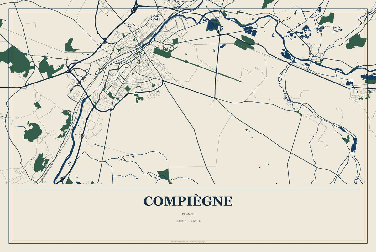 Compiègne, France City Map Aluminum Sign in Coastal Cutout style