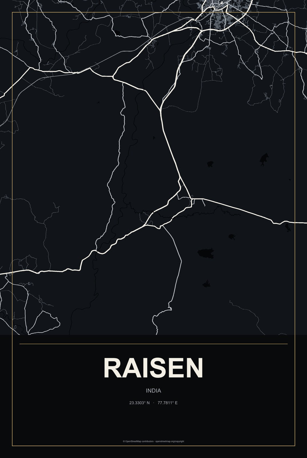 Raisen, India City Map Aluminum Sign in Metropolitan Noir style