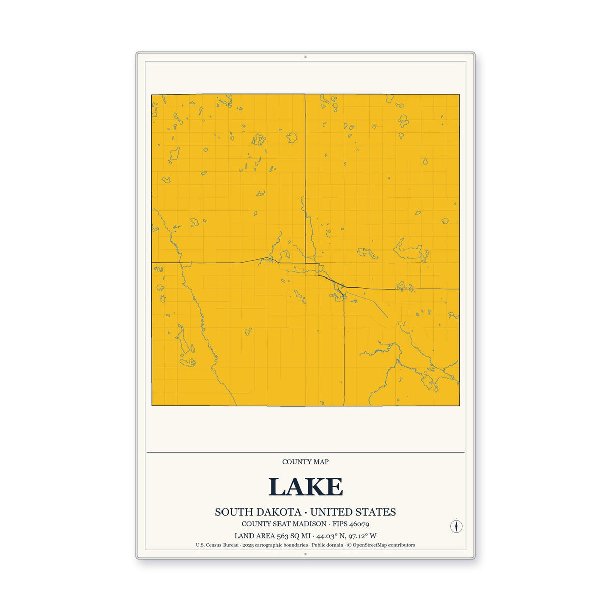 Lake County, South Dakota Map Aluminum Sign in Citrine Modern style