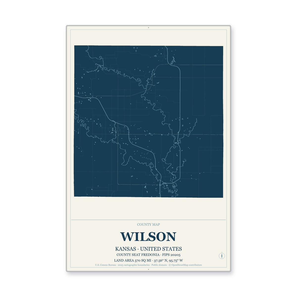 Wilson County, Kansas Map Aluminum Sign in Coastal Cutout style