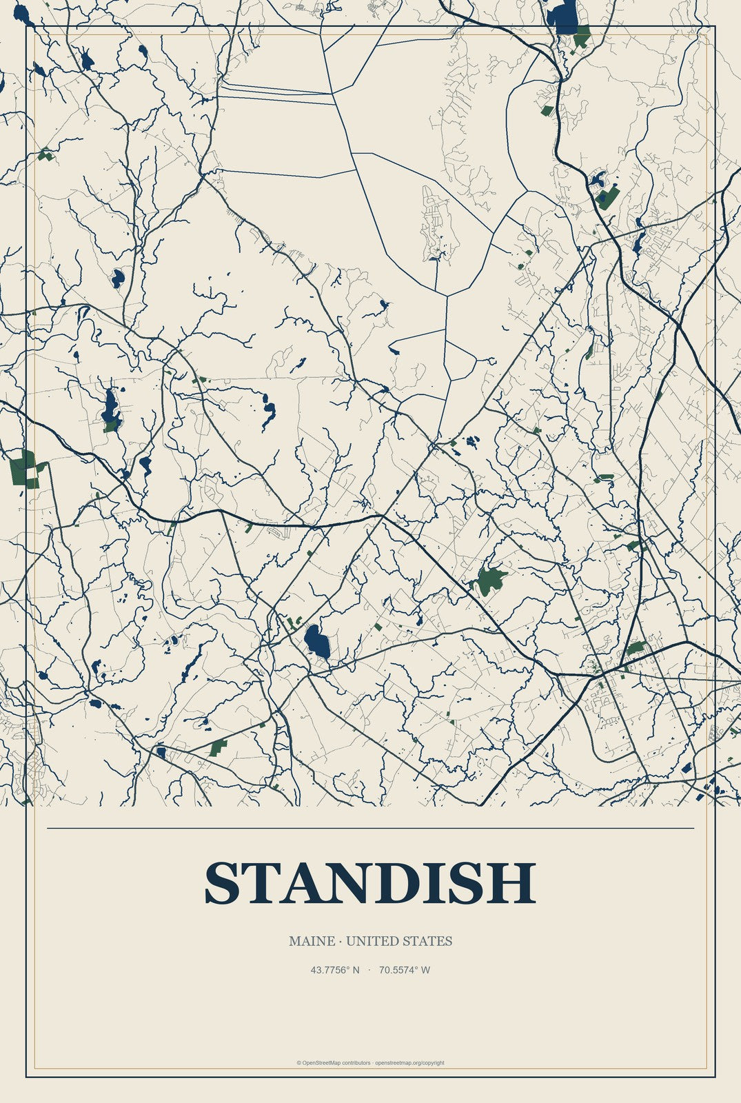 Standish, Maine City Map Aluminum Sign in Coastal Cutout style