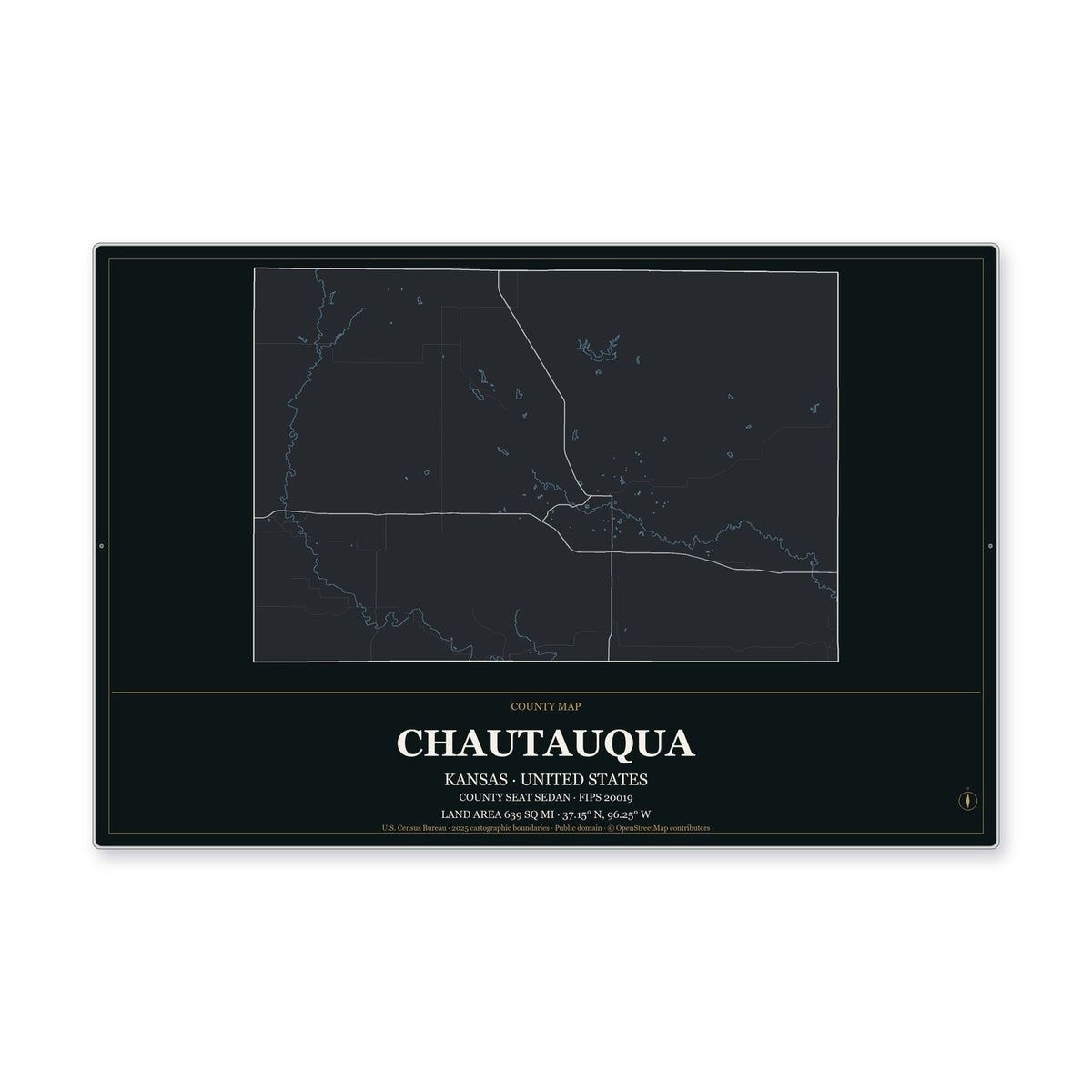 Chautauqua County, Kansas Map Aluminum Sign in Metropolitan Noir style