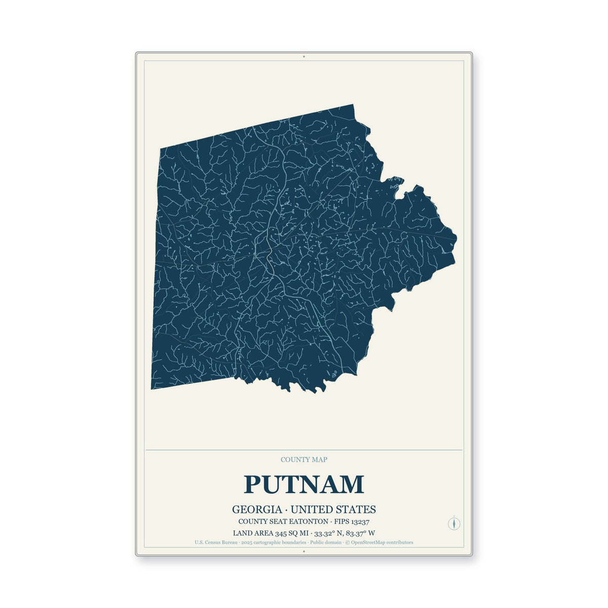 Putnam County, Georgia Map Aluminum Sign in Coastal Cutout style