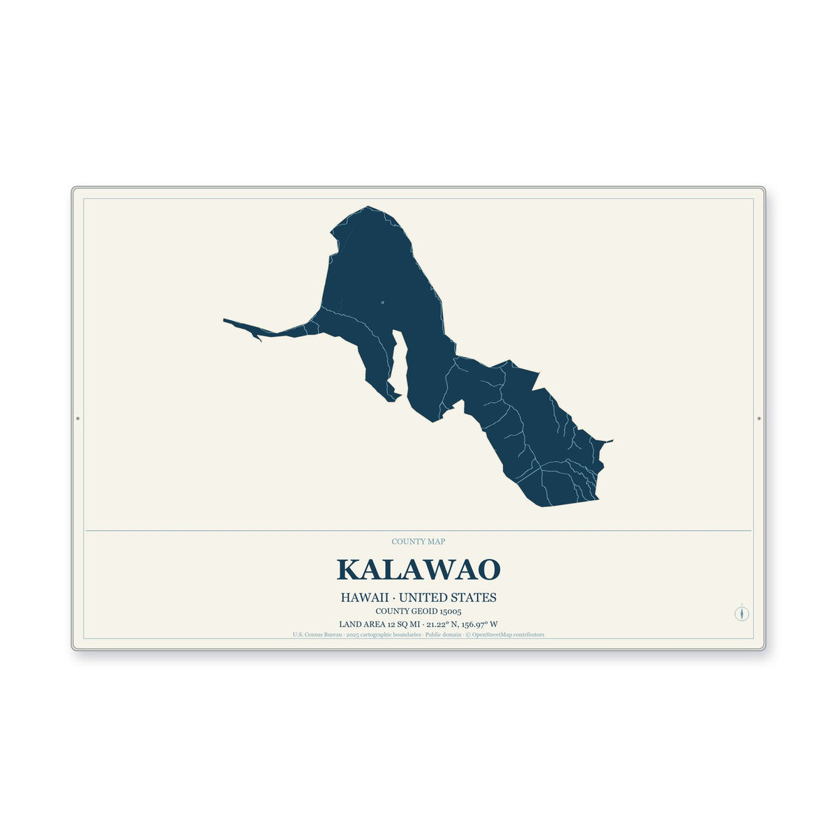 Kalawao County, Hawaii Map Aluminum Sign in Coastal Cutout style