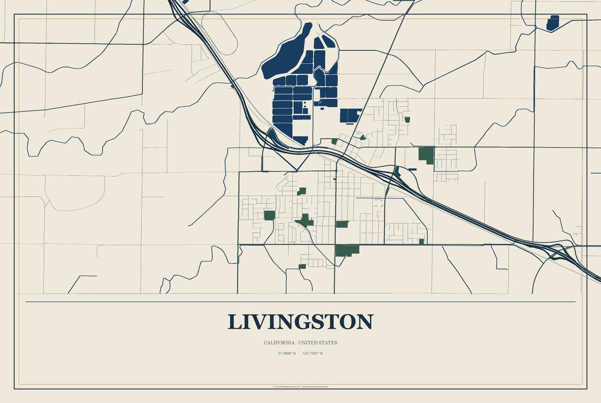 Livingston, California City Map Aluminum Sign in Coastal Cutout style