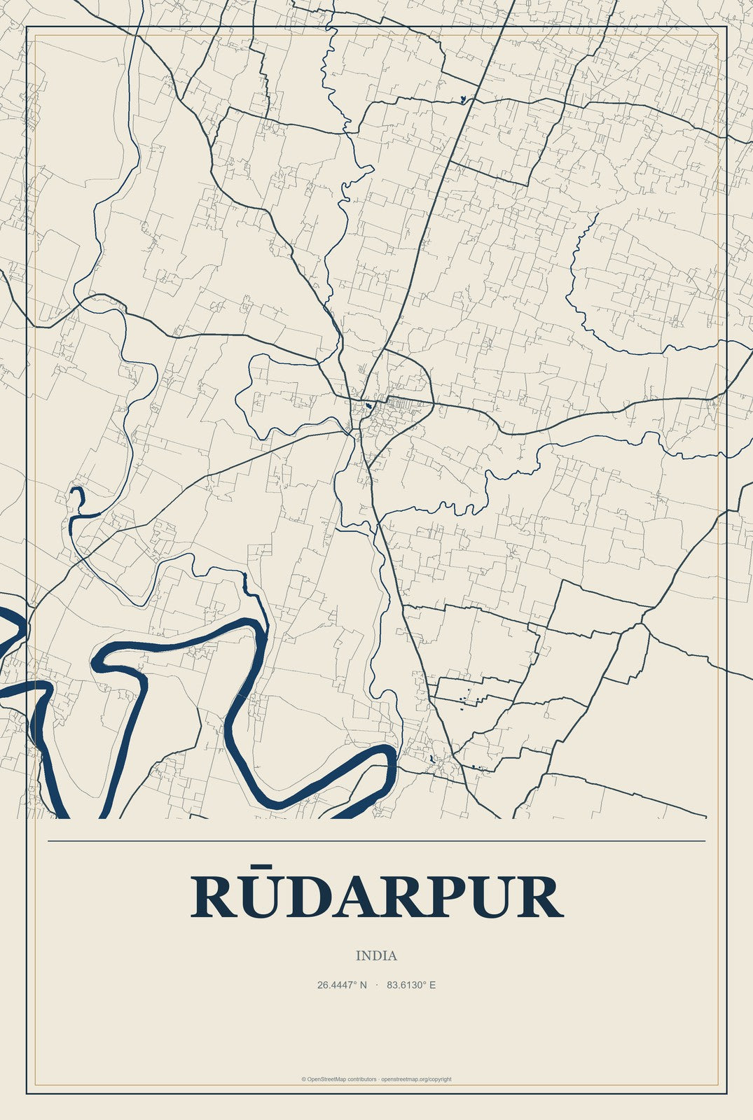 Rūdarpur, India City Map Aluminum Sign in Coastal Cutout style