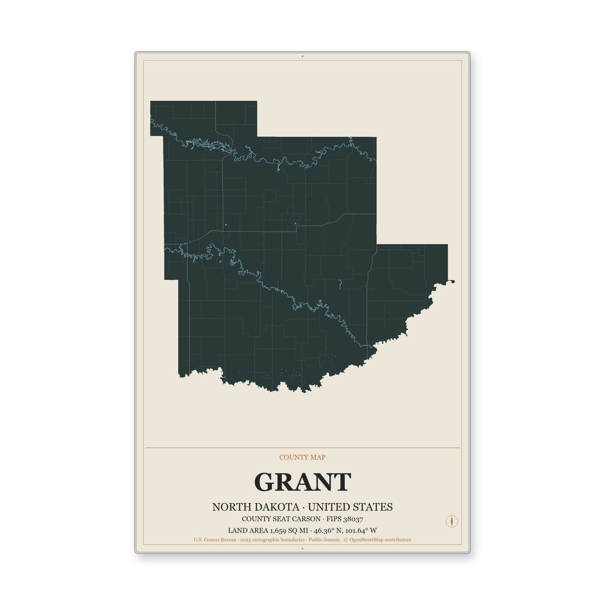 Grant County, North Dakota Map Aluminum Sign in Headline Atlas style