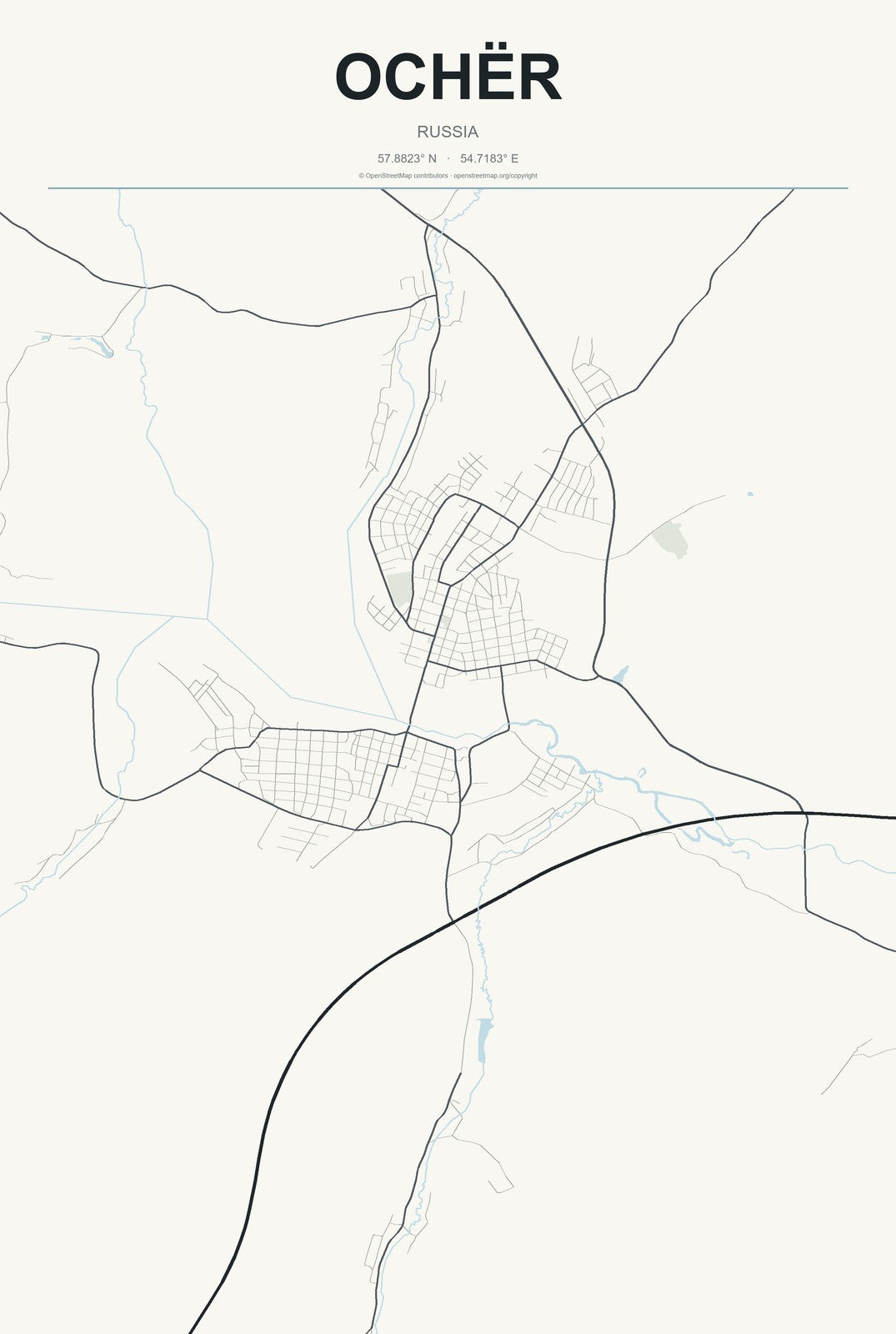 Ochër, Russia City Map Aluminum Sign in Headline Atlas style