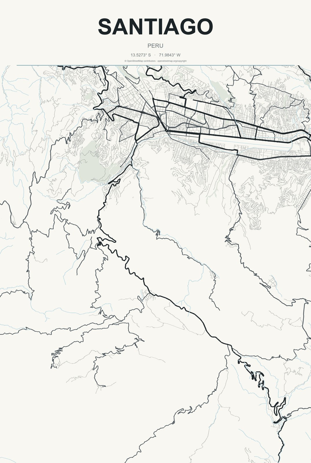 Santiago, Ica, Peru City Map Aluminum Sign in Headline Atlas style