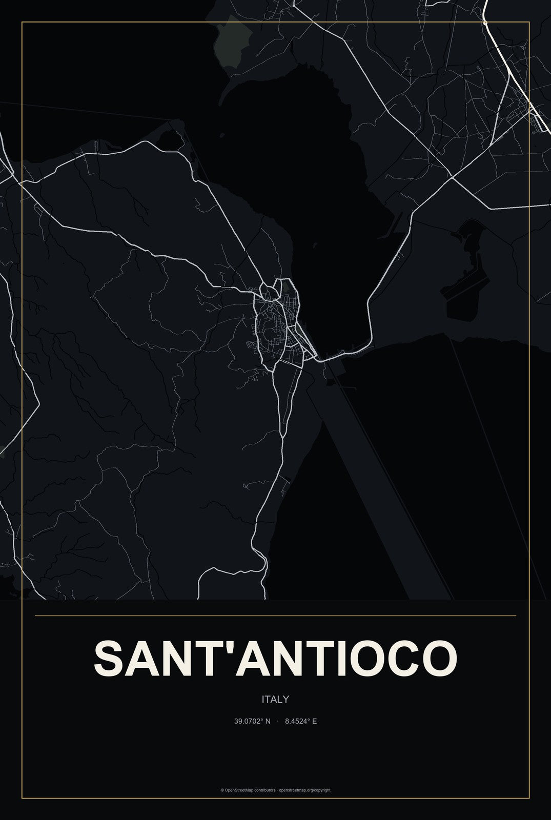 Sant'Antioco, Italy City Map Aluminum Sign in Metropolitan Noir style