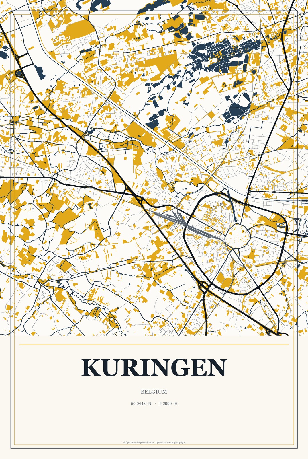 Kuringen, Belgium City Map Aluminum Sign in Citrine Modern style