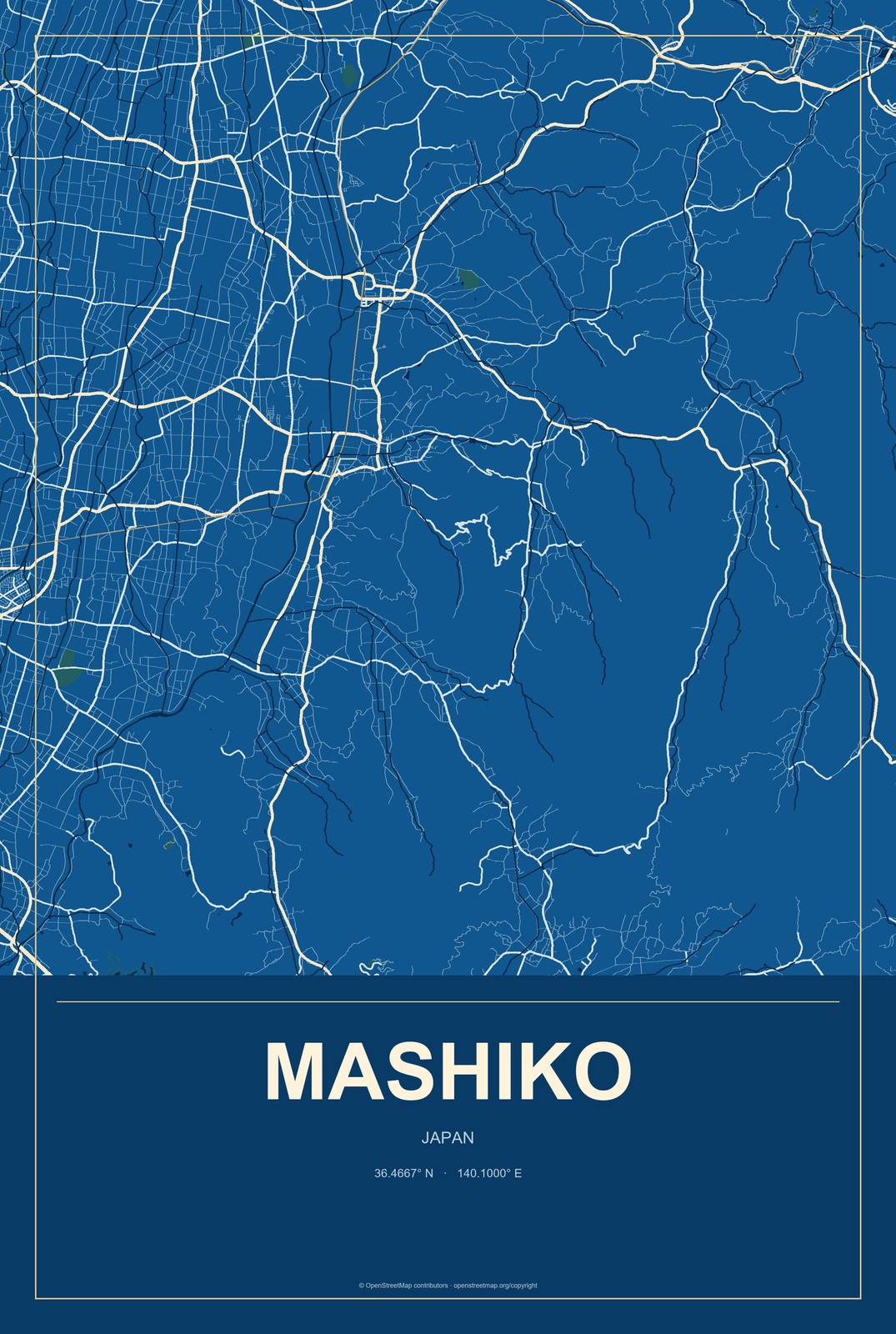 Mashiko, Japan City Map Aluminum Sign in Harbor Cobalt style