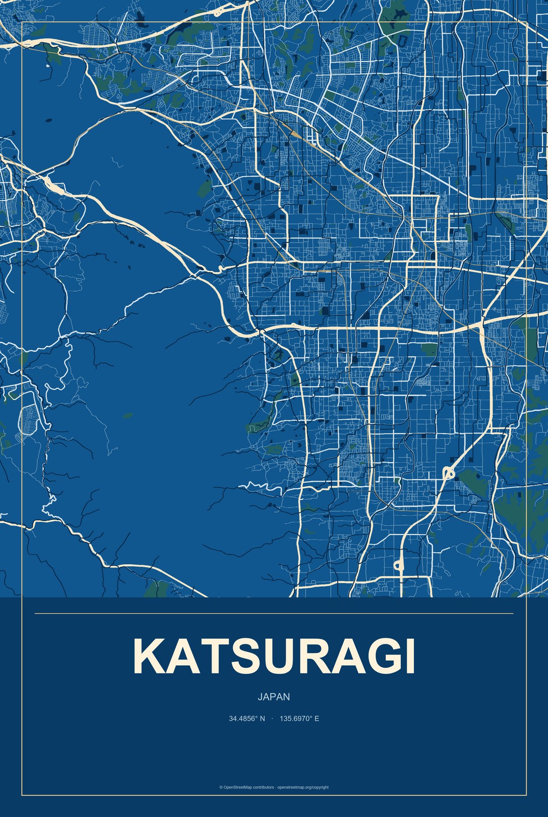 Katsuragi, Japan City Map Aluminum Sign in Harbor Cobalt style
