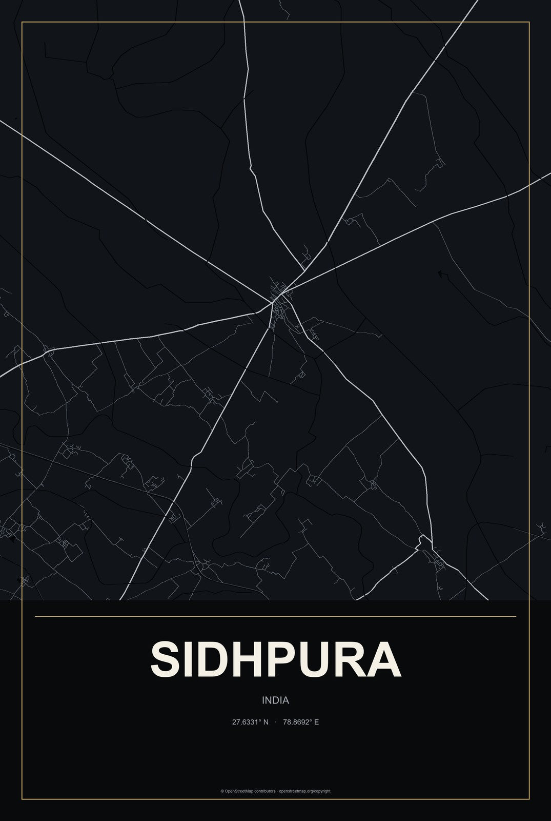 Sidhpura, India City Map Aluminum Sign in Metropolitan Noir style