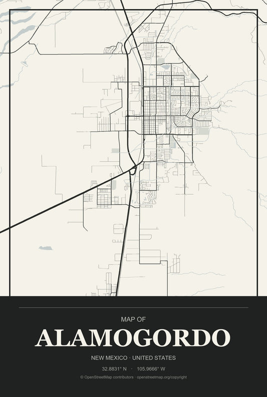 Alamogordo, New Mexico City Map Aluminum Sign in Museum Plaque style