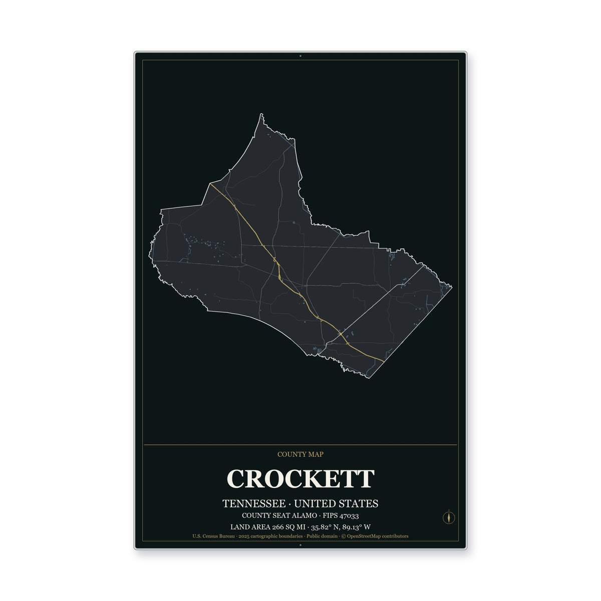 Crockett County, Tennessee Map Aluminum Sign in Metropolitan Noir style
