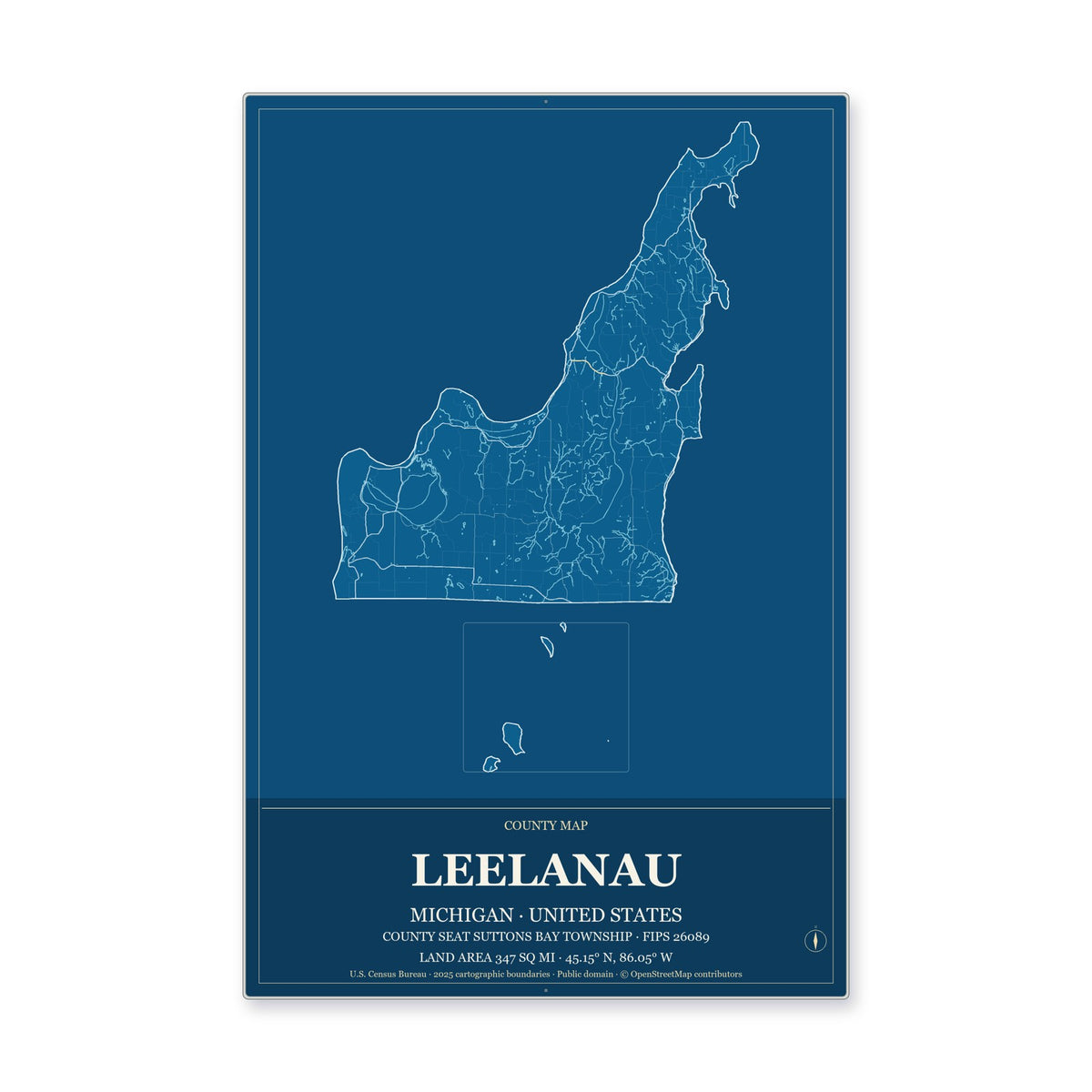 Leelanau County, Michigan Map Aluminum Sign in Harbor Cobalt style
