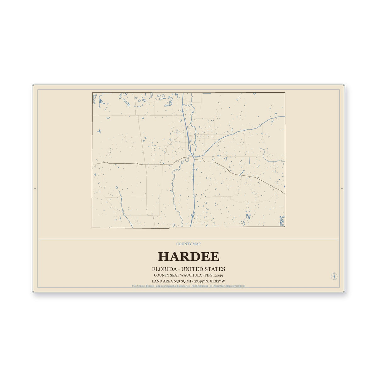 Hardee County, Florida Map Aluminum Sign in Heritage Nautical style