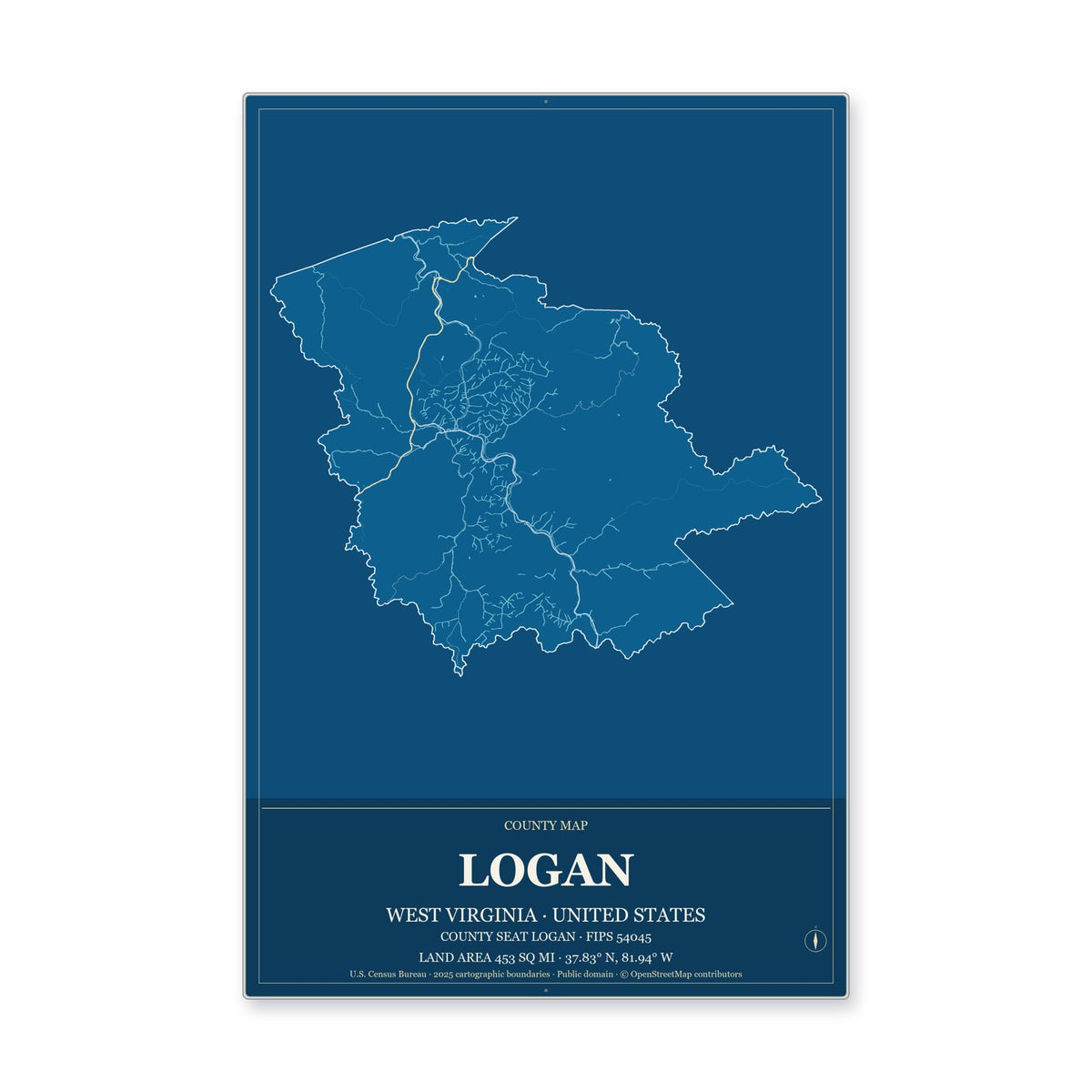 Logan County, West Virginia Map Aluminum Sign in Harbor Cobalt style