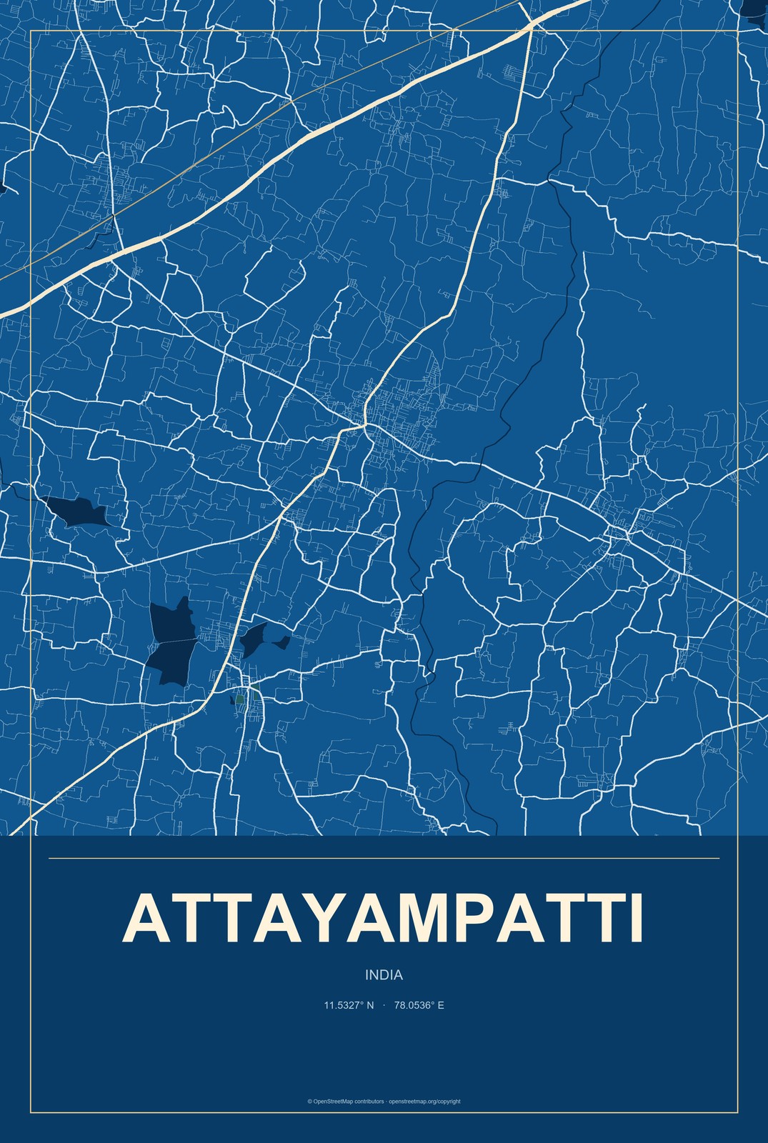 Attayampatti, India City Map Aluminum Sign in Harbor Cobalt style