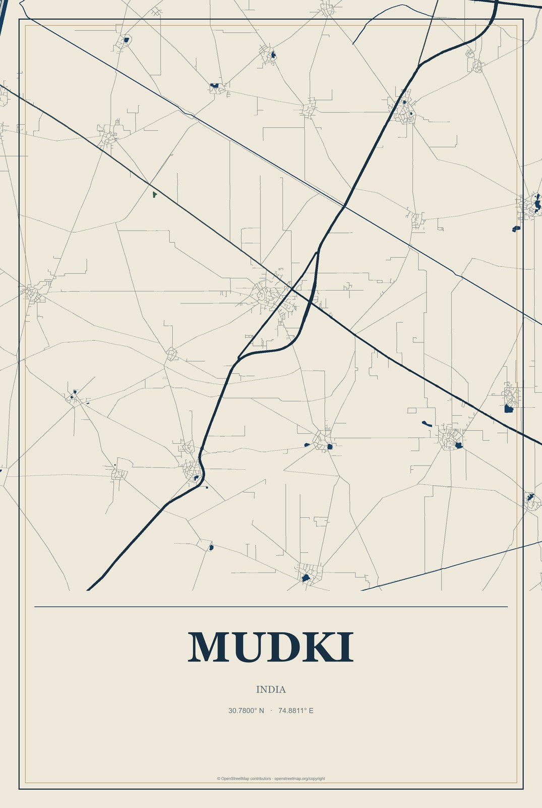 Mudki, India City Map Aluminum Sign in Coastal Cutout style