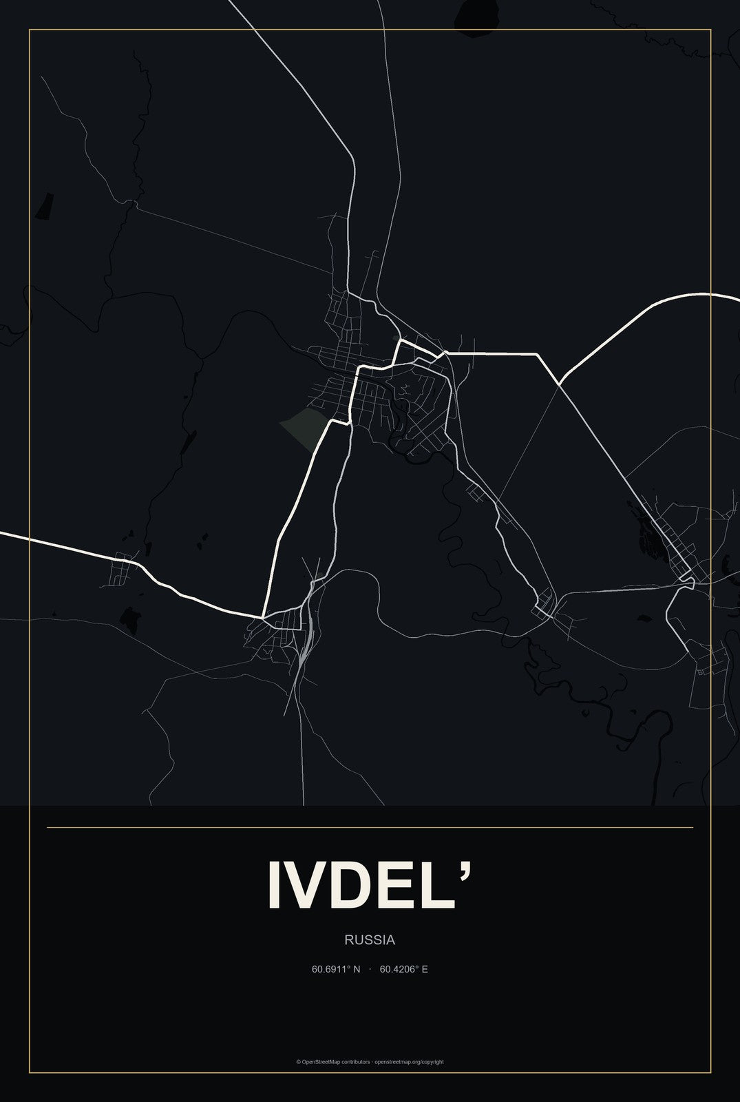 Ivdel’, Russia City Map Aluminum Sign in Metropolitan Noir style