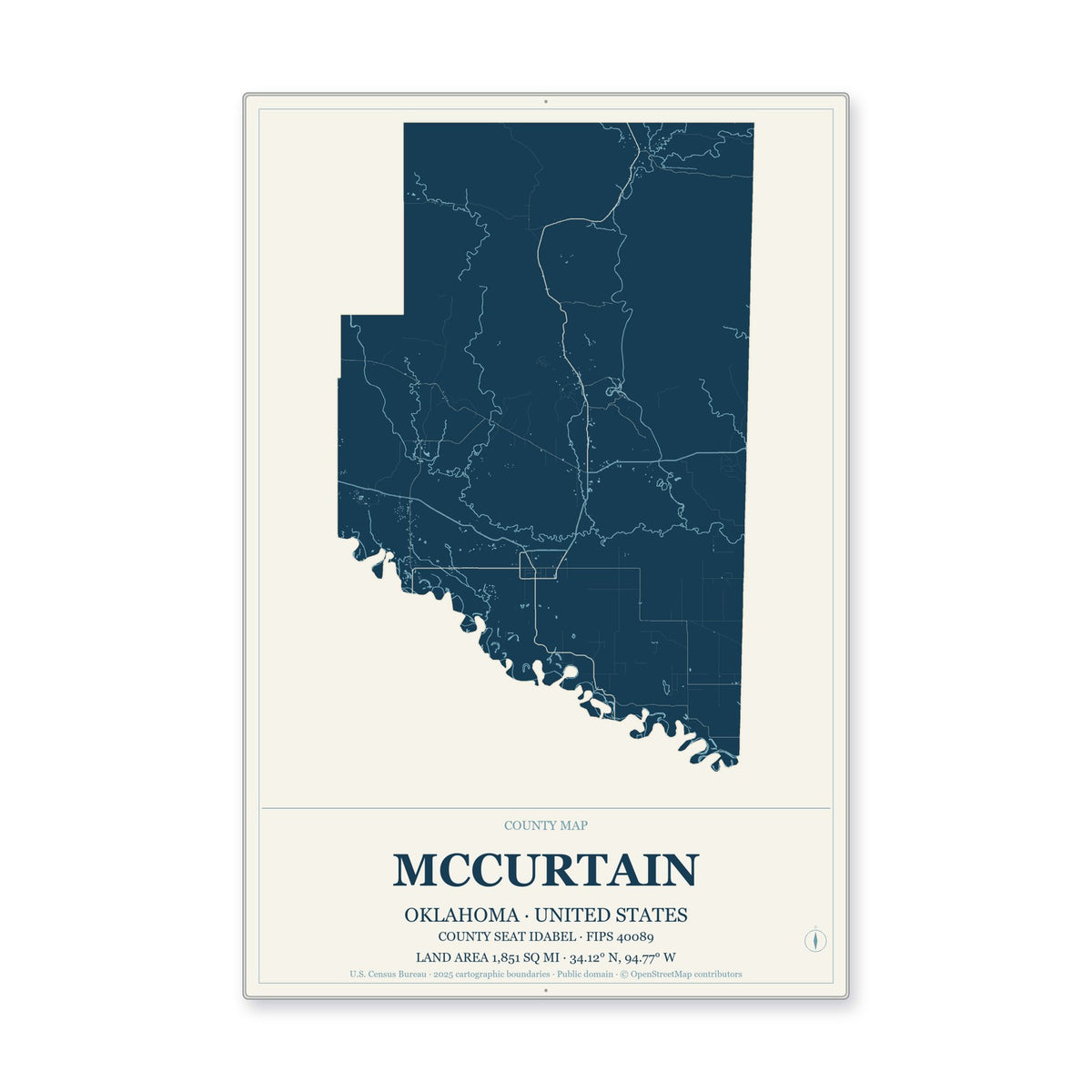 McCurtain County, Oklahoma Map Aluminum Sign in Coastal Cutout style