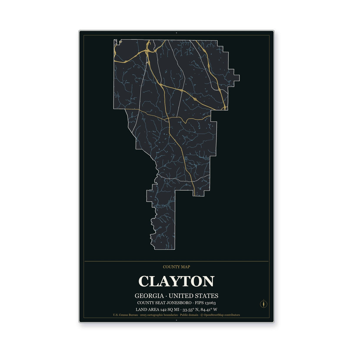 Clayton County, Georgia Map Aluminum Sign in Metropolitan Noir style