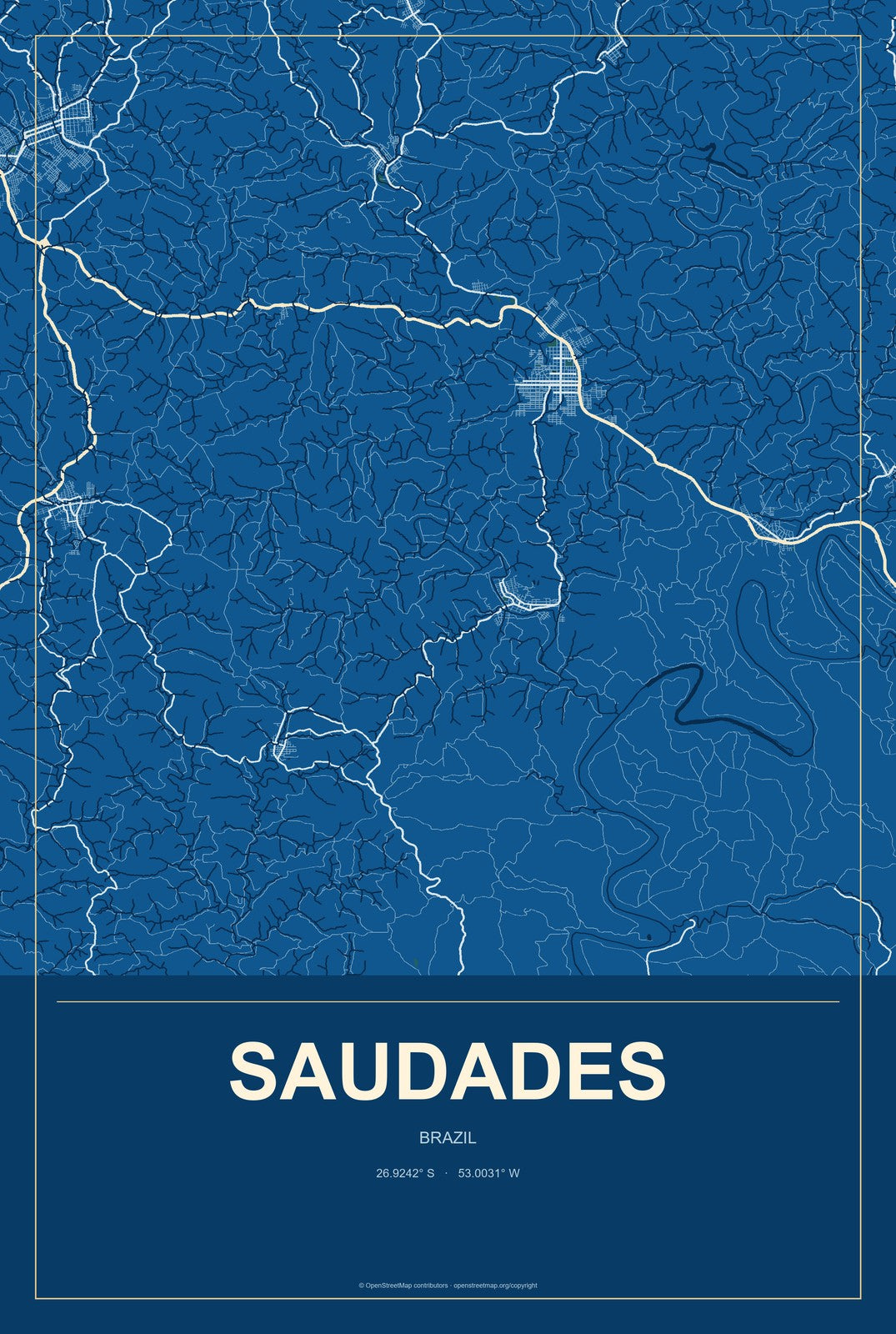 Saudades, Brazil City Map Aluminum Sign in Harbor Cobalt style