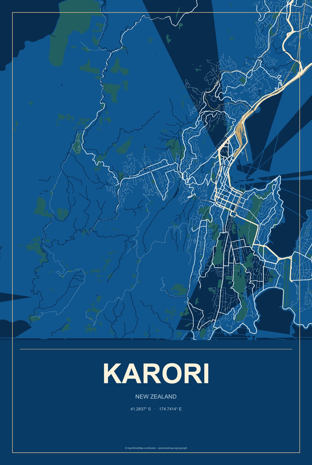 Karori, New Zealand City Map Aluminum Sign in Harbor Cobalt style