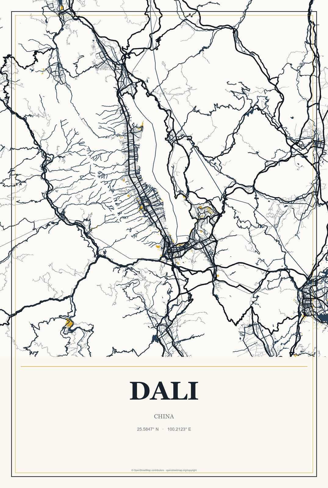 Dali, China City Map Aluminum Sign in Citrine Modern style