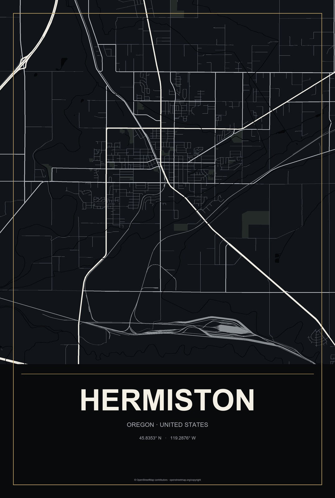 Hermiston, Oregon City Map Aluminum Sign in Metropolitan Noir style