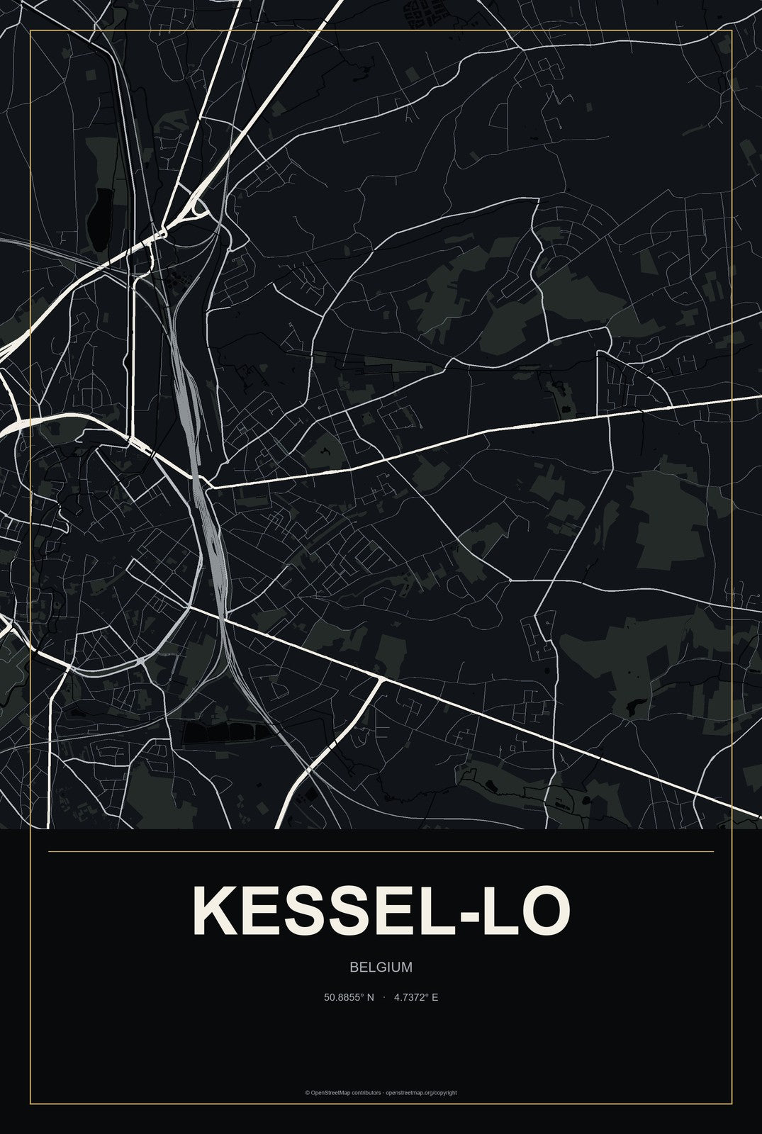 Kessel-Lo, Belgium City Map Aluminum Sign in Metropolitan Noir style