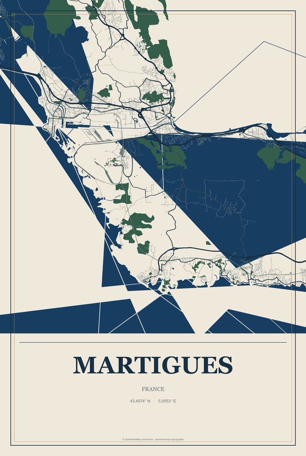 Martigues, France City Map Aluminum Sign in Coastal Cutout style