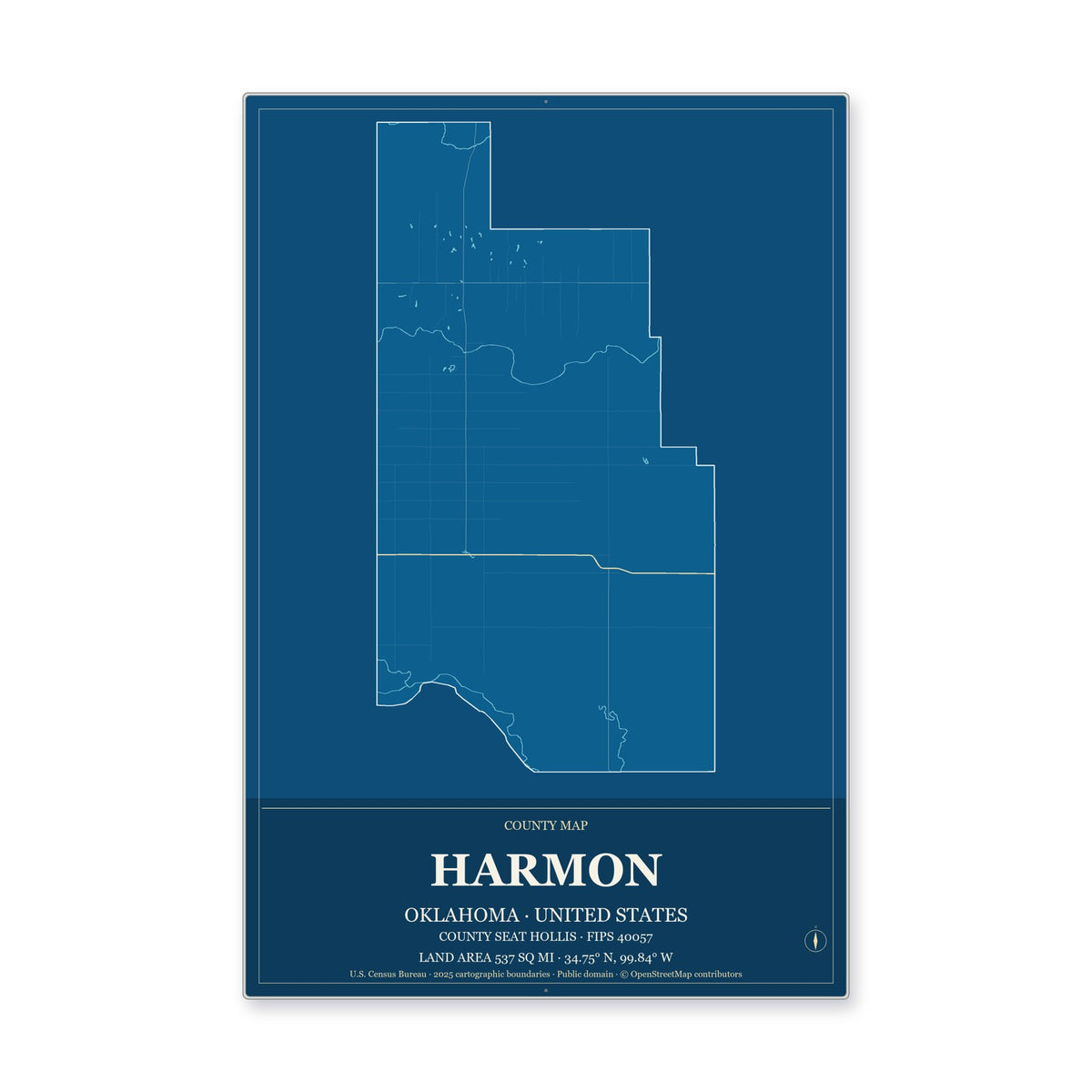 Harmon County, Oklahoma Map Aluminum Sign in Harbor Cobalt style