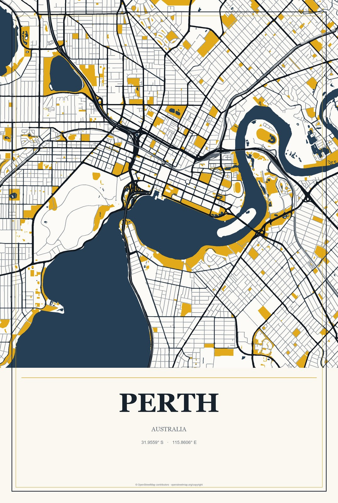 Perth, Australia City Map Aluminum Sign in Citrine Modern style