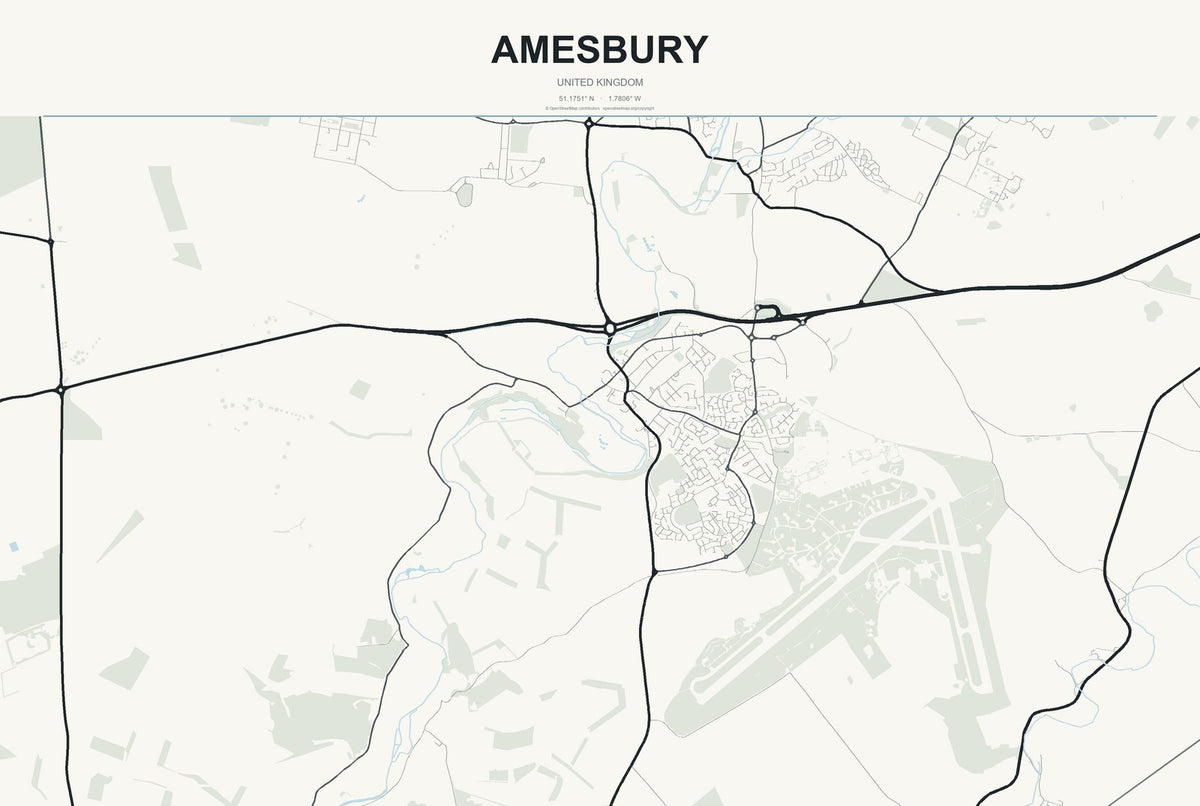 Amesbury, United Kingdom City Map Aluminum Sign in Headline Atlas style