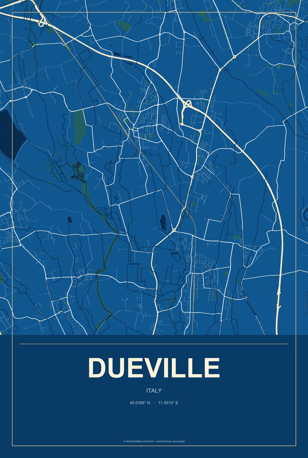 Dueville, Italy City Map Aluminum Sign in Harbor Cobalt style