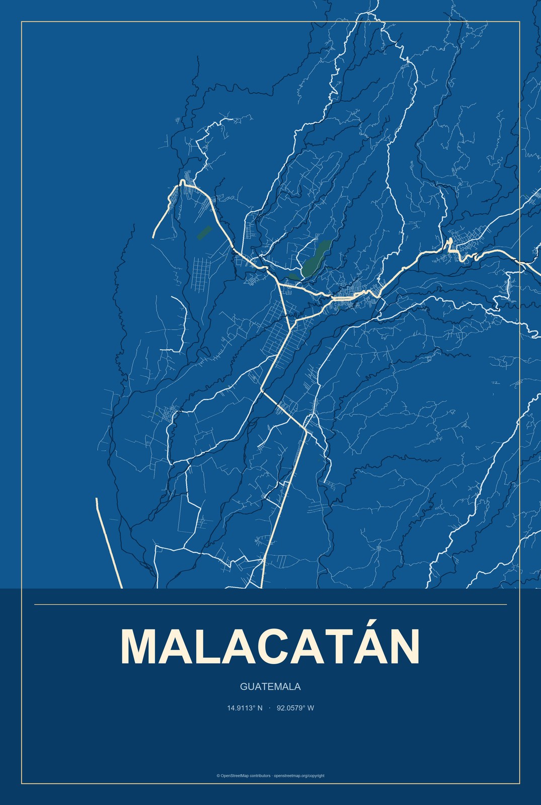 Malacatán, Guatemala City Map Aluminum Sign in Harbor Cobalt style