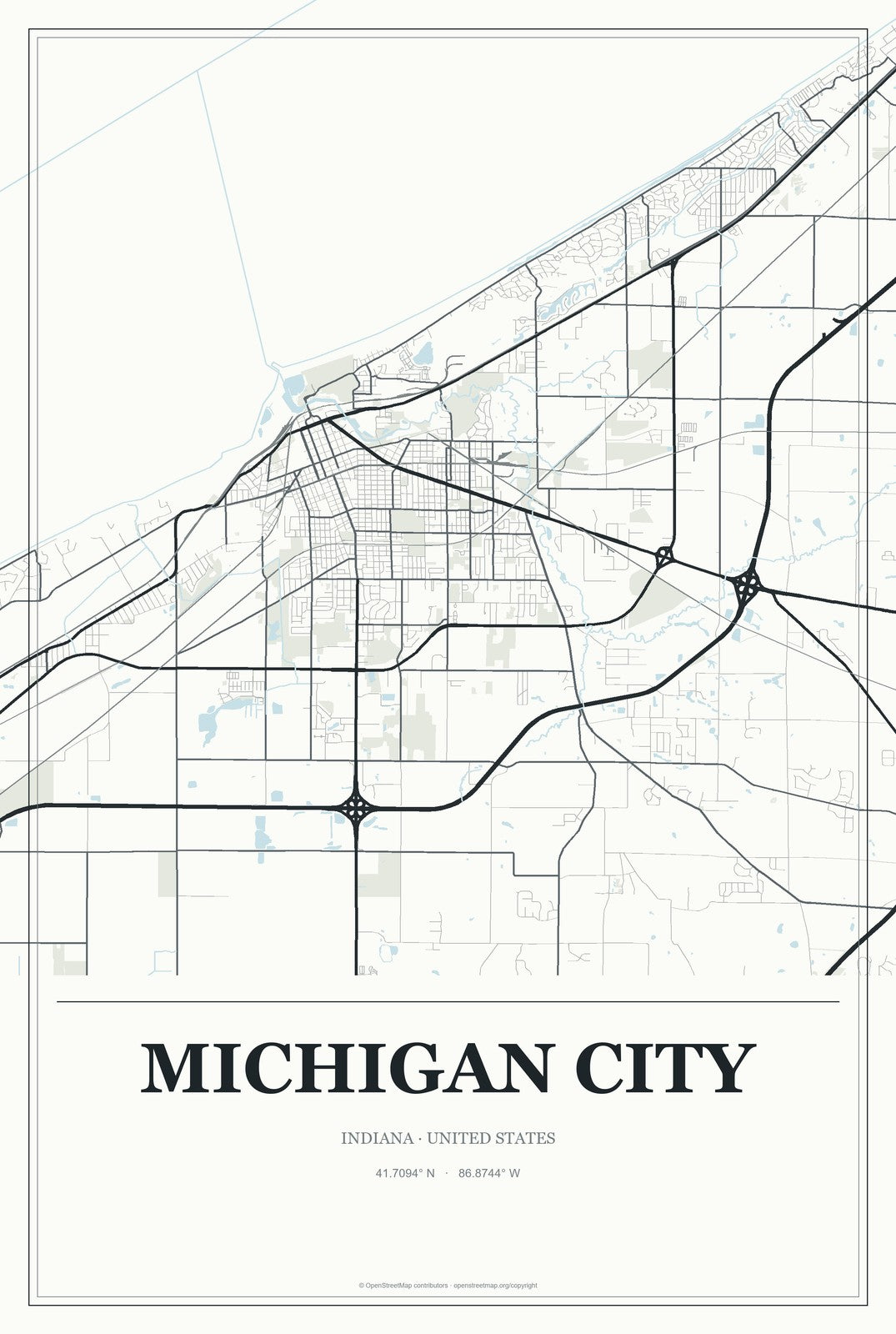 Michigan City, Indiana City Map Aluminum Sign in Gallery Air style
