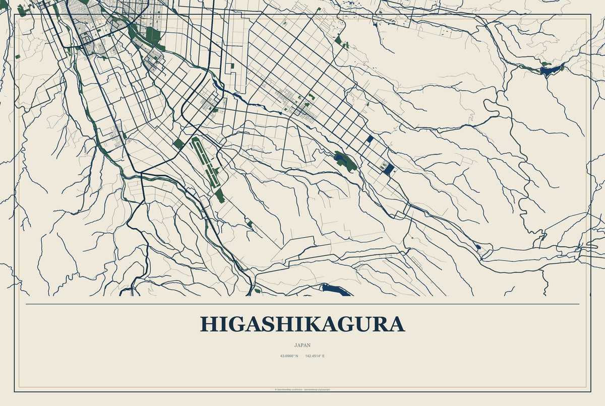 Higashikagura, Japan City Map Aluminum Sign in Coastal Cutout style