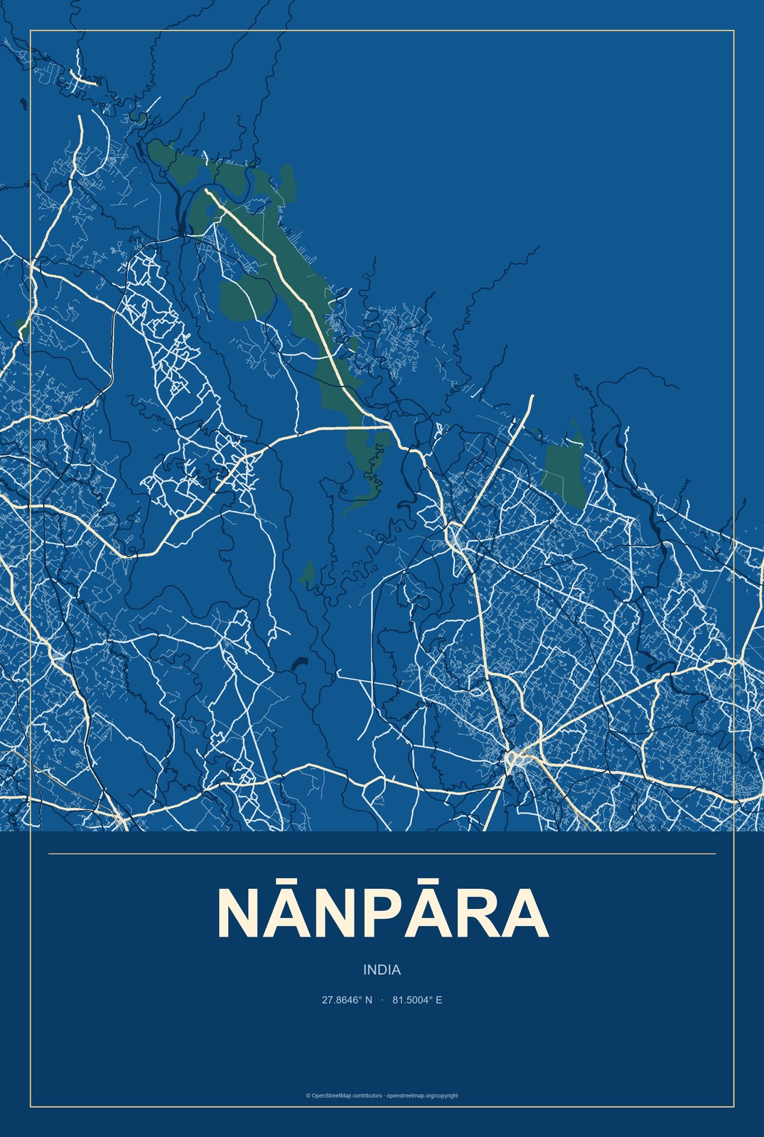 Nānpāra, India City Map Aluminum Sign in Harbor Cobalt style