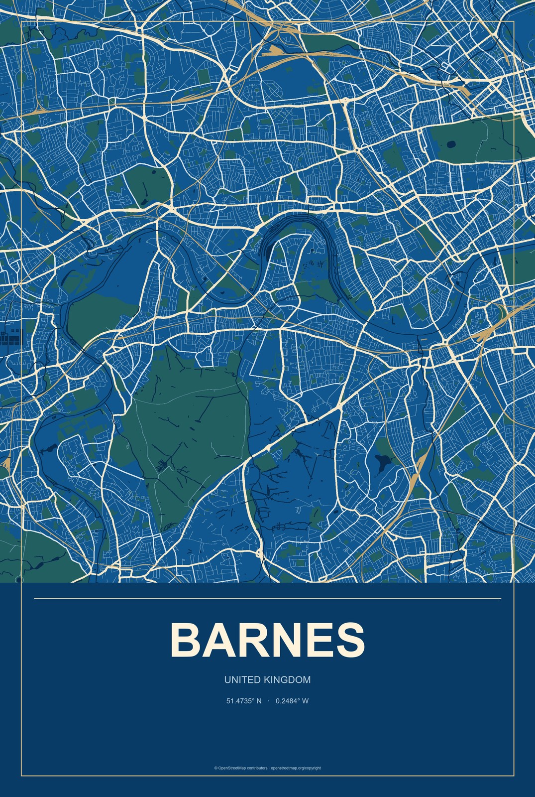 Barnes, United Kingdom City Map Aluminum Sign in Harbor Cobalt style