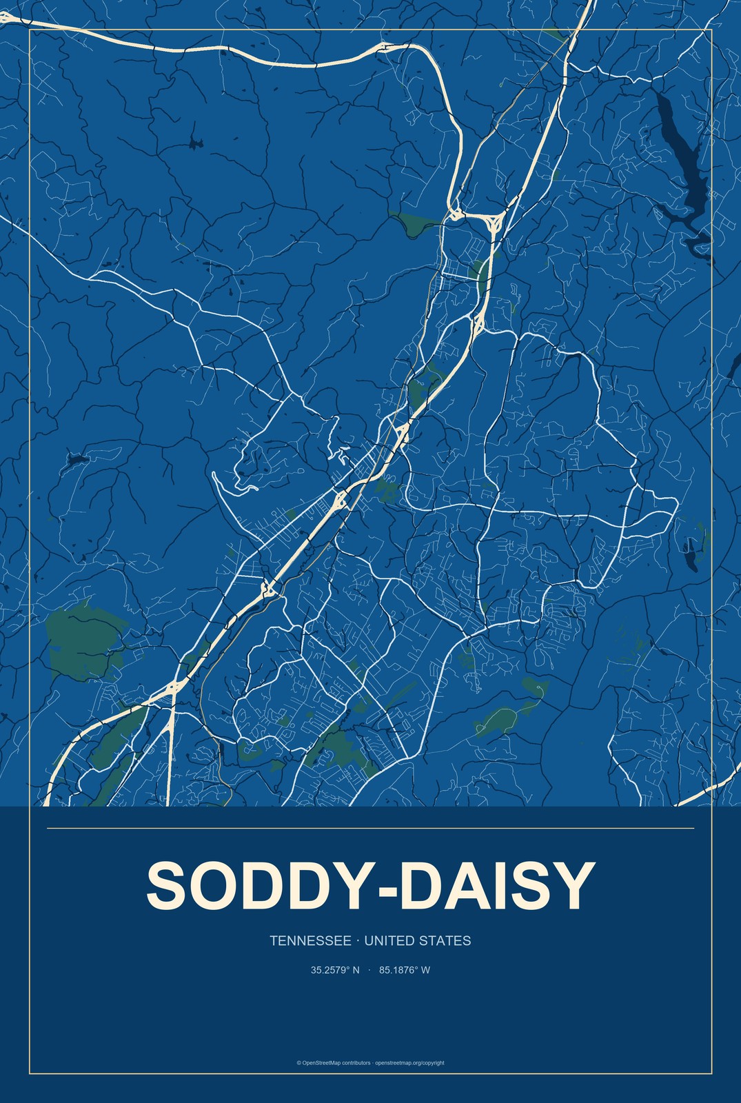 Soddy-Daisy, Tennessee City Map Aluminum Sign in Harbor Cobalt style