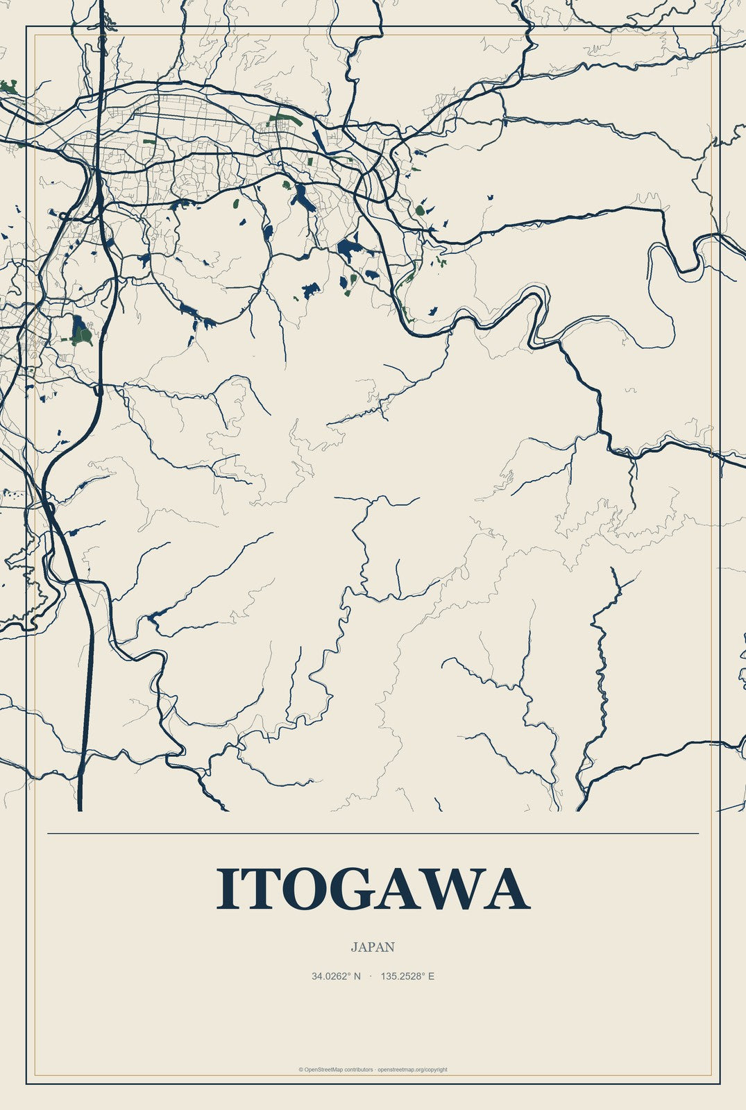 Itogawa, Japan City Map Aluminum Sign in Coastal Cutout style
