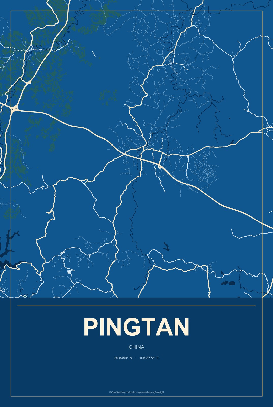 Pingtan, China City Map Aluminum Sign in Harbor Cobalt style