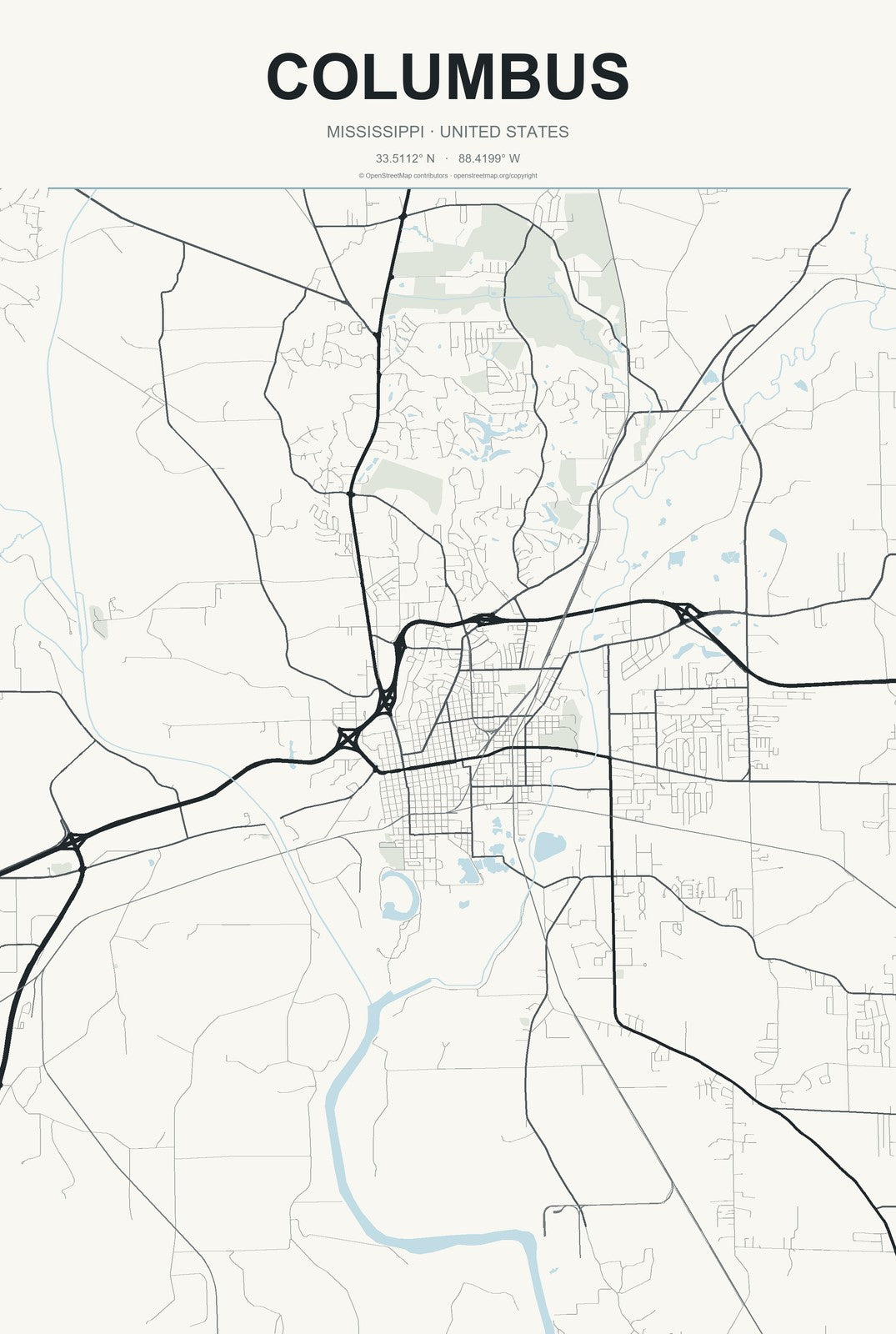Columbus, Mississippi City Map Aluminum Sign in Headline Atlas style