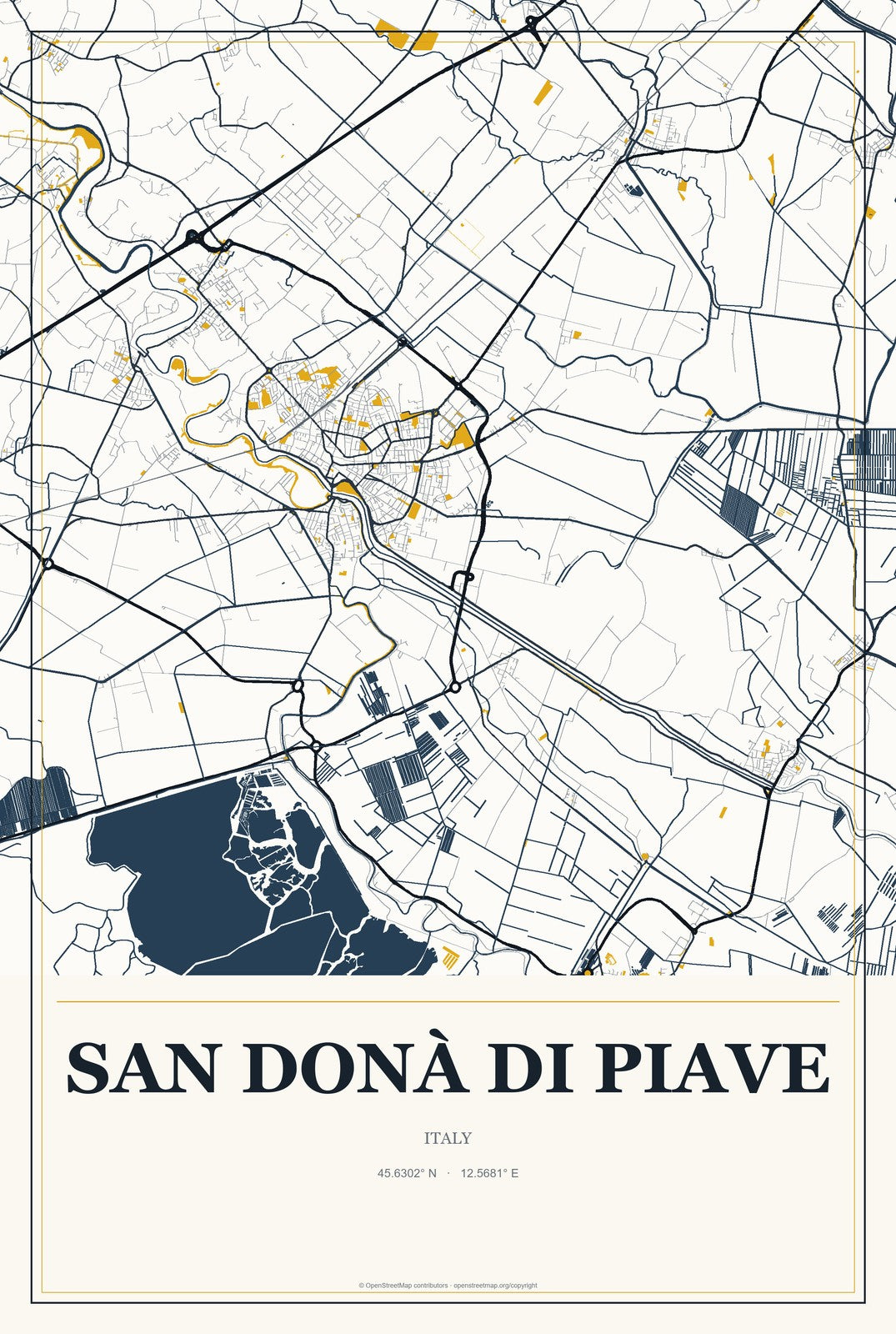 San Donà di Piave, Italy City Map Aluminum Sign in Citrine Modern style