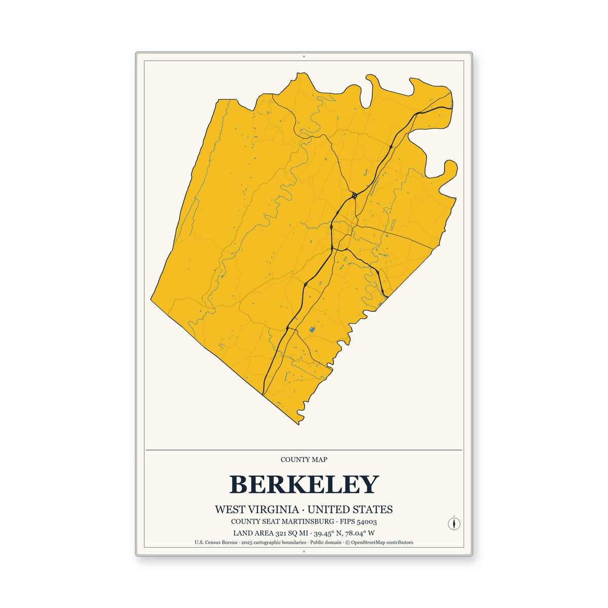 Berkeley County, West Virginia Map Aluminum Sign in Citrine Modern style